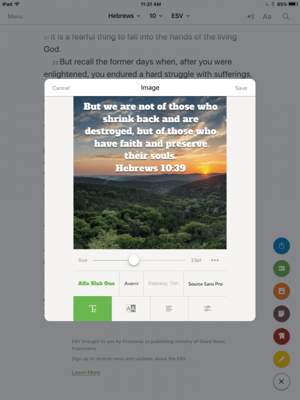 Use the options under the image to change the font, size, and color of the verse.